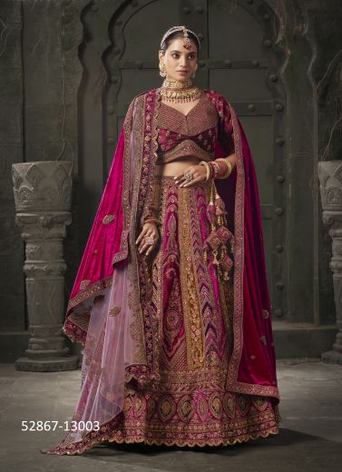 Multicolored Velvet Handwork Wedding-Wear Readymade Bridal Lehenga Choli [With Double Dupatta]