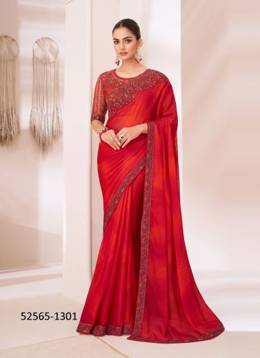 Crimson Red Chiffon Embroidered Party-Wear Boutique-Style Saree