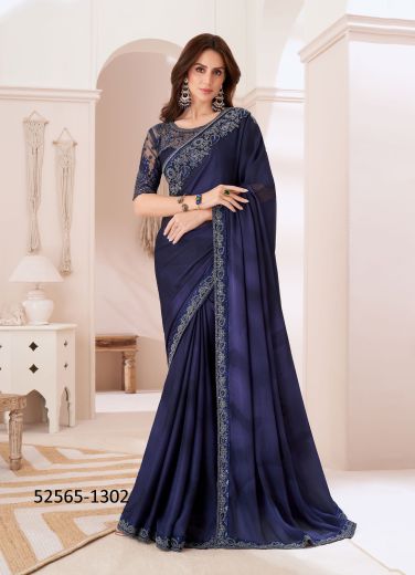 Dark Blue Chiffon Embroidered Party-Wear Boutique-Style Saree