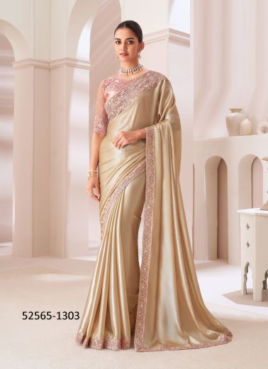 Burlywood Chiffon Embroidered Party-Wear Boutique-Style Saree