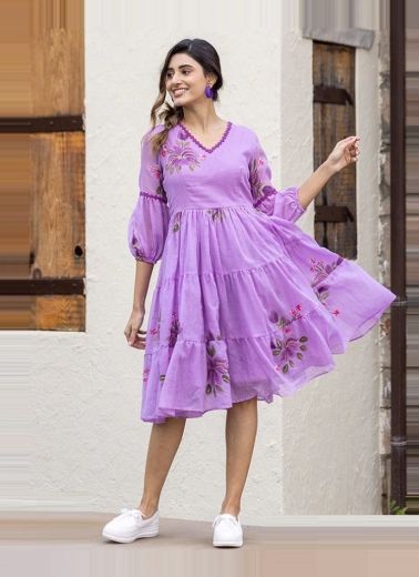 Lavender Kota Checks Digitally Printed Resort-Wear Readymade Anarkali Kurti