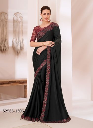 Black Silk Chiffon Embroidered Party-Wear Boutique-Style Saree