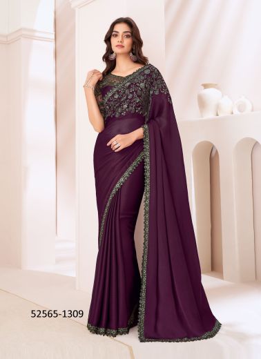 Dark Purple Satin Chiffon Embroidered Party-Wear Boutique-Style Saree