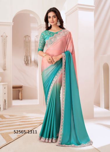 Pink & Teal Blue Chiffon Embroidered Party-Wear Boutique-Style Saree