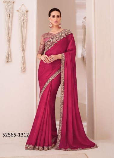 Dark Pink Satin Chiffon Embroidered Party-Wear Boutique-Style Saree