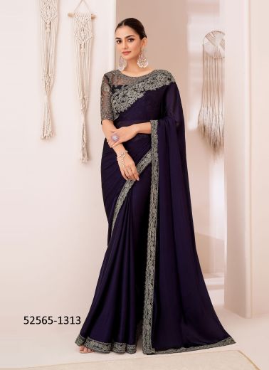 Dark Violet Georgette Chiffon Embroidered Party-Wear Boutique-Style Saree