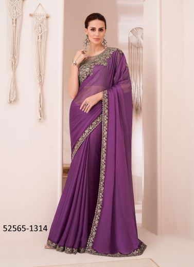 Purple Georgette Chiffon Embroidered Party-Wear Boutique-Style Saree