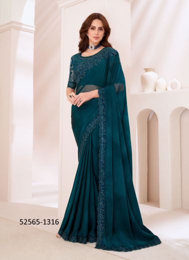 Sea Blue Chiffon Embroidered Party-Wear Boutique-Style Saree