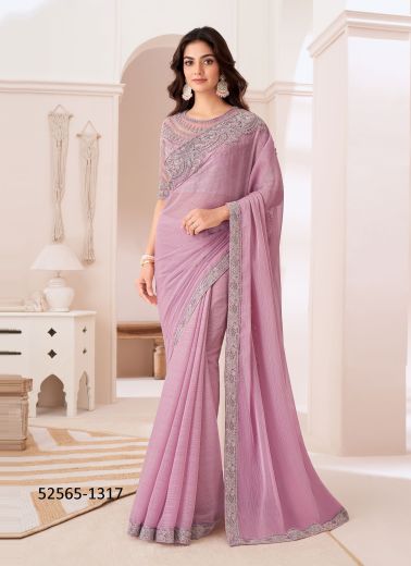 Light Lilac Chiffon Embroidered Party-Wear Boutique-Style Saree