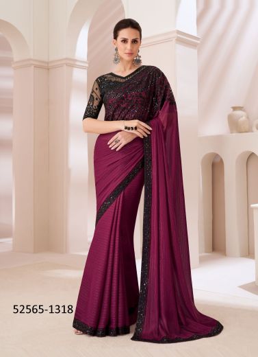 Wine Georgette Embroidered Party-Wear Boutique-Style Saree