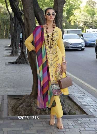 Yellow Cotton Embroidered Festive-Wear Pakistani Readymade Salwar Kameez