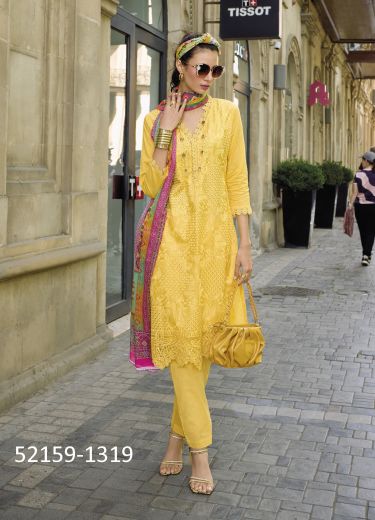 Yellow Cotton Lakhnavi Work Pakistani Readymade Salwar Kameez For Traditional / Religious Occasions