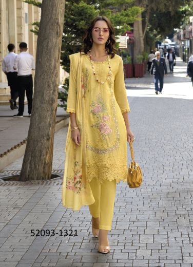 Yellow Cotton Thread-Work Pakistani Readymade Salwar Kameez For Traditional / Religious Occasions