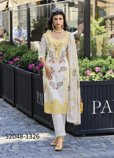 White & Yellow Cotton Embroidered Party-Wear Trending Readymade Salwar Kameez