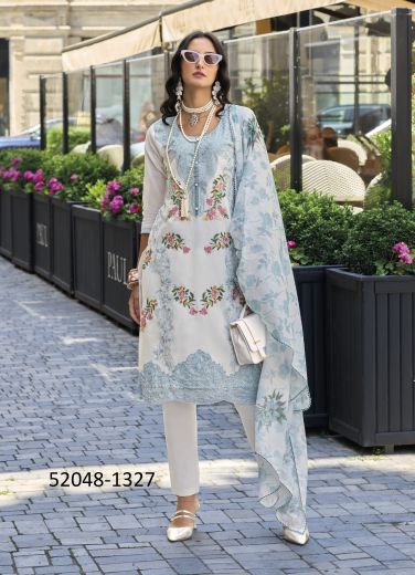 White & Blue Cotton Embroidered Party-Wear Trending Readymade Salwar Kameez