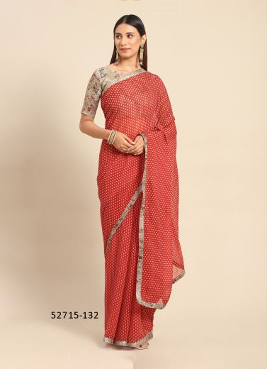 Red Georgette Embroidered Party-Wear Beautiful Saree