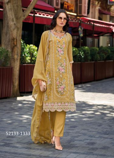 Light Mustard Yellow Soft Organza Embroidered Pakistani Readymade Salwar Kameez For Traditional / Religious Occasions