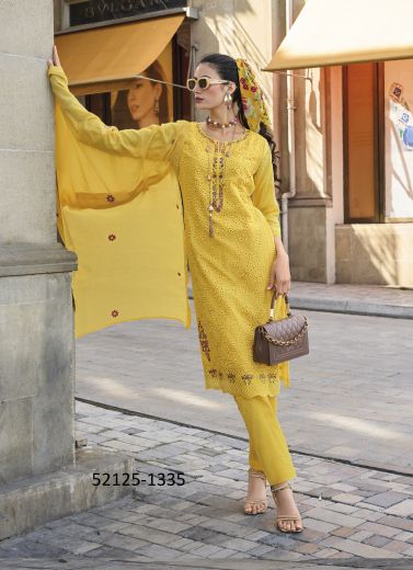 Yellow Chikankari-Work Pakistani Readymade Salwar Kameez For Traditional / Religious Occasions