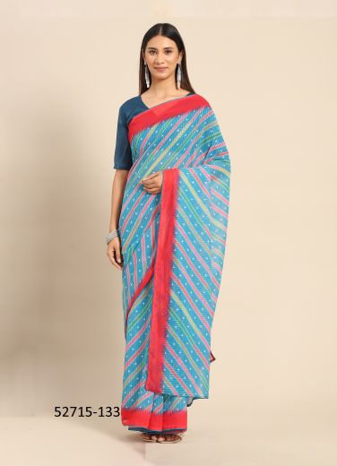 Sky Blue & Red Georgette Embroidered Party-Wear Beautiful Saree