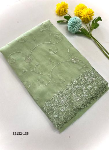 Light Green Organza Silk Thread & Sequins-Work Festive-Wear Saree