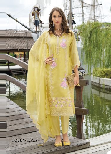 Yellow Soft Organza Thread-Work Festive-Wear Readymade Pakistani Salwar Kameez