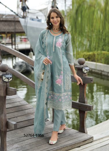 Light Teal Blue Soft Organza Thread-Work Festive-Wear Readymade Pakistani Salwar Kameez