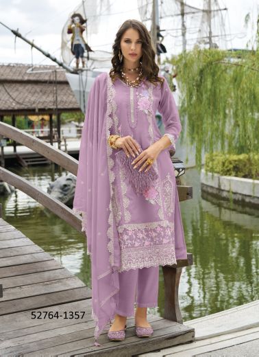 Lilac Soft Organza Thread-Work Festive-Wear Readymade Pakistani Salwar Kameez