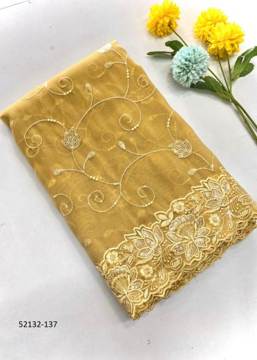 Mustard Yellow Organza Silk Thread & Sequins-Work Festive-Wear Saree