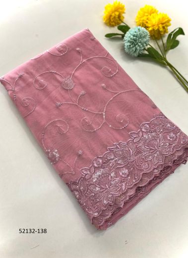 Pink Organza Silk Thread & Sequins-Work Festive-Wear Saree