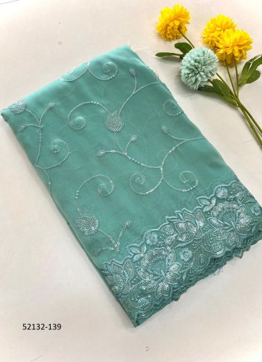 Light Teal Blue Organza Silk Thread & Sequins-Work Festive-Wear Saree