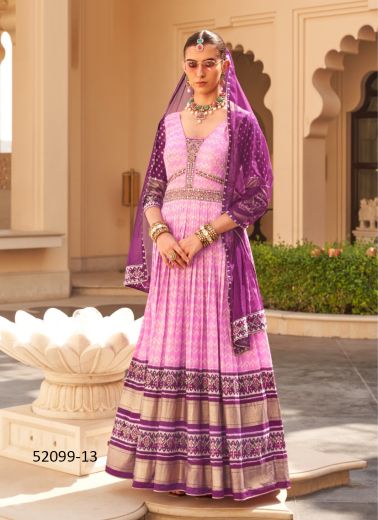 Pink Silk Foil-Printed Wedding-Wear Readymade Gown With Dupatta