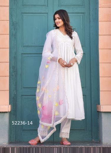 White Roman Silk Thread-Work Festive-Wear Pant-Bottom Readymade Salwar Kameez