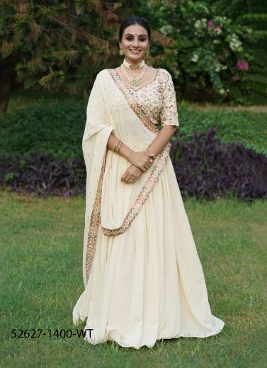 White Georgette Thread-Work Party-Wear Traditional Lehenga Choli