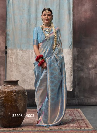 Light Blue Two-Tone Handloom Woven Silk Saree For Traditional / Religious Occasions