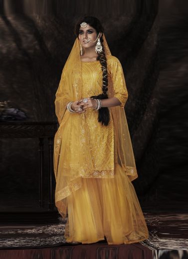 Yellow Net Sequins-Work Ramadan Special Gharara-Bottom Salwar Kameez