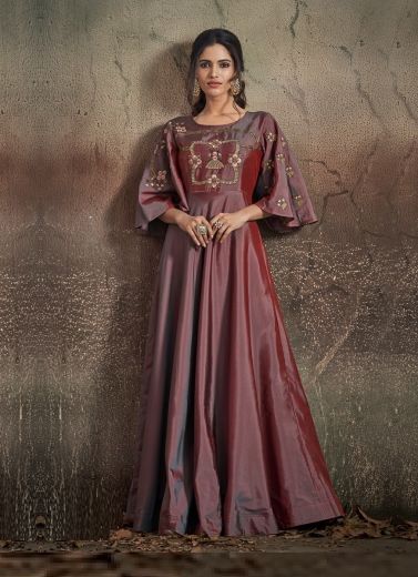 Mauve Tapeta Silk Handwork Festive-Wear Floor-Length Readymade Gown