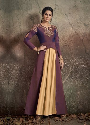 Wine Tapeta Silk Handwork Festive-Wear Floor-Length Readymade Gown