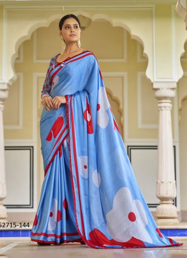 Sky Blue & Red Japan Silk Embroidered Party-Wear Beautiful Saree