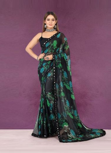 Black Georgette Digitally Printed Festive-Wear Vibrant Saree