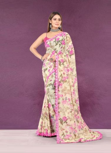 Cream Georgette Digitally Printed Festive-Wear Vibrant Saree