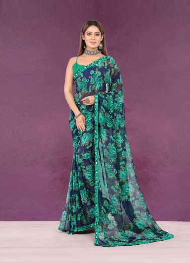 Blue Georgette Digitally Printed Festive-Wear Vibrant Saree