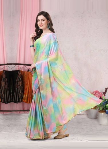 Multicolor Chinon Chiffon Digitally Printed Festive-Wear Vibrant Saree