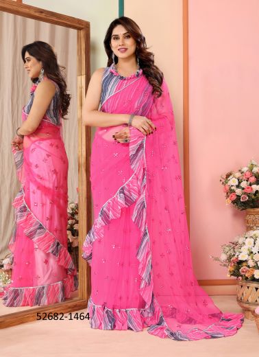 Pink & Blue Net Printed Festive-Wear Beautiful Saree