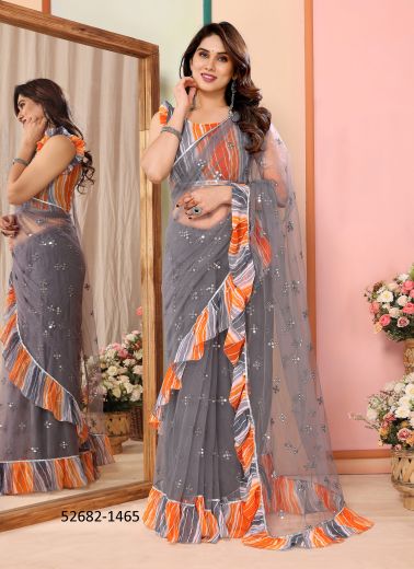 Gray & Orange Net Printed Festive-Wear Beautiful Saree