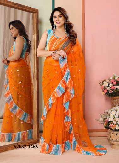 Orange & Sky Blue Net Printed Festive-Wear Beautiful Saree