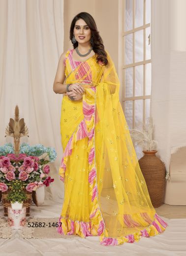 Yellow & Pink Net Printed Festive-Wear Beautiful Saree