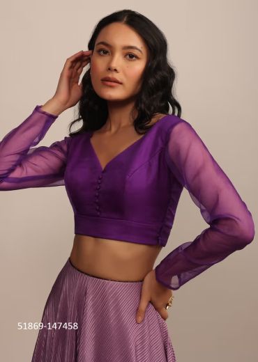 Purple Organza Full Sleeves Readymade Blouse With V-Neckline