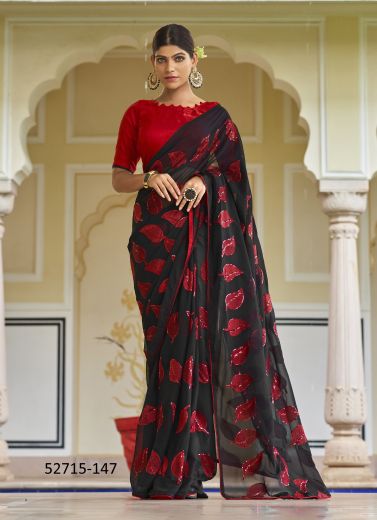 Black & Red Georgette Embroidered Party-Wear Beautiful Saree