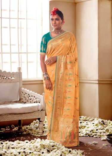Peach Pure Banarasi HandWork Wedding Wear Embroidery Saree