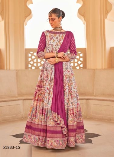 White & Magenta Patola Silk Foil-Printed Wedding-Wear Readymade Gown With Dupatta